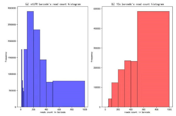 Reads number distribution of each barcodes in BGI’s stLFR and 10× Genomics dataset.