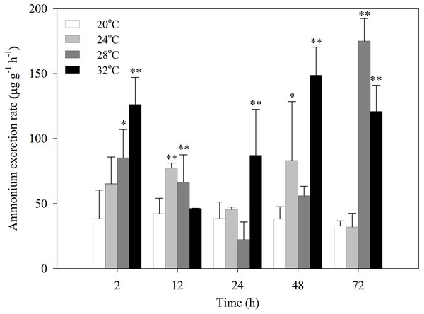 Ammonia excretion rates of S. subcrenata after exposed to different temperatures.