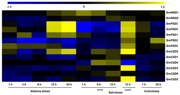 Expression analysis of soybean SOD genes in response to various abiotic stresses.