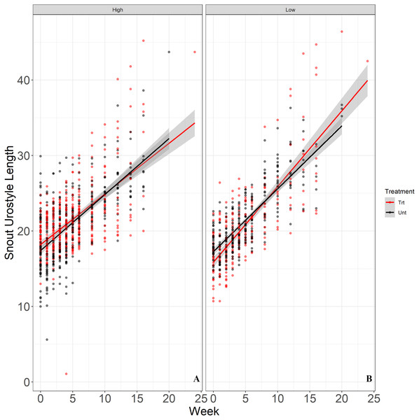 Rate of growth (y-axis) of juvenile Houston Toads maintained in high-density (six juveniles) and low-density (four juveniles) exclosures in RIFA treated (red) and untreated (black) sites at APCNWR.