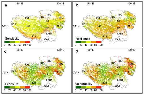 Spatial patterns of standardized grassland (A) sensitivity index (SI), (B) resilience index (RI), (C) exposure index (EI), and (D) vulnerability index (VI) on the Qinghai-Tibet Plateau.