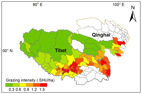 Mean grazing intensity (GI) from 2000 to 2017 for the 78 counties on the Qinghai-Tibet Plateau.
