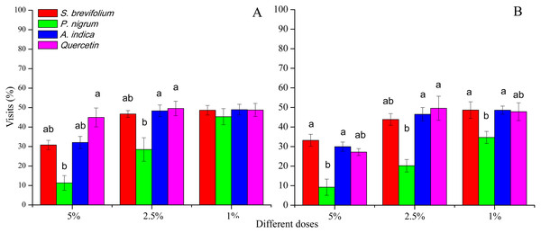 Visit (%) of female adults of B. dorsalis (A) and B. correcta (B) on treated mango fruits with the concentrations of 5%, 2.5% and 1% of four botanicals after 24 h.