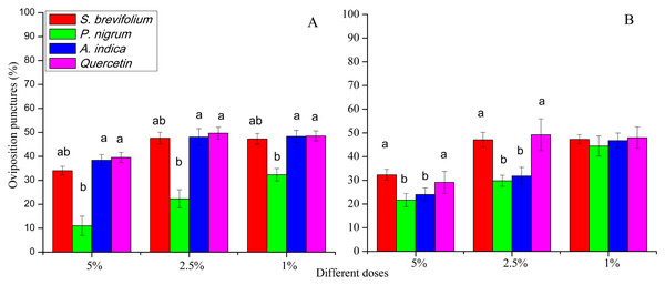 Oviposition punctures (%) by female flies of B. dorsalis (A) and B. correcta (B) on treated mango fruits with four botanicals and their concentrations.