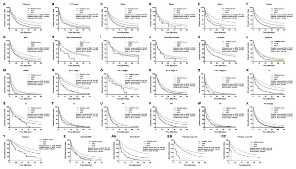 Kaplan–Meier curve of overall survival in Klatskin tumor, ICCA and HCC patients before propensity score matching stratified by (A, B) age at diagnosis; (C-E) race; (F, G) gender; (H-J) primary tumor differential grade; (K-M) SEER historic stage; (N-Q) AJCC stage; (R-U) primary tumor size; (V, W) lymph node status; (X, Y) surgery for primary tumor; (Z, AA) AFP level; (BB, CC) fibrosis score.