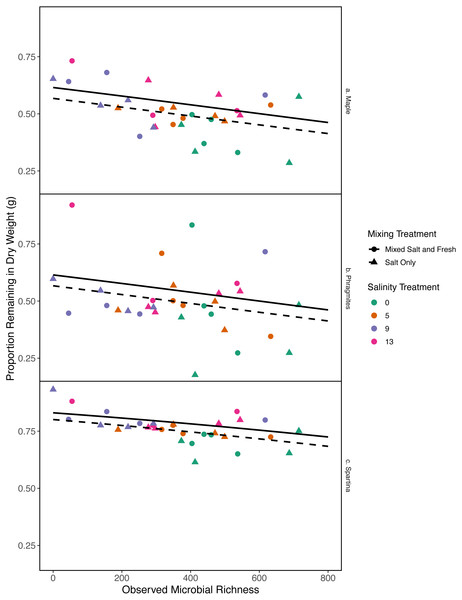 Proportion of leaf litter remaining in relation to microbial richness.