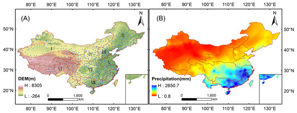 Study area of the evaluation of the 3B43V7 product: (A) terrain altitude and nine basins; (B) average annual precipitation (1998–2016).