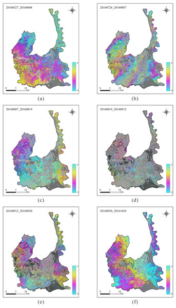 Interferograms of phase changes in the Momoge National Nature Reserve, Northeast China. Each interferometric pair has a short temporal baseline as no more than 24 days.