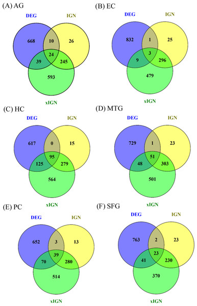 Venn diagrams for six sets of DEG, IGN, and xIGN.