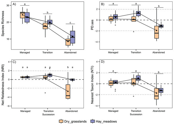 Interaction plots for the variation in taxonomic and phylogenetic α-diversity of the 60 sampled plots according to Habitat and Succession.
