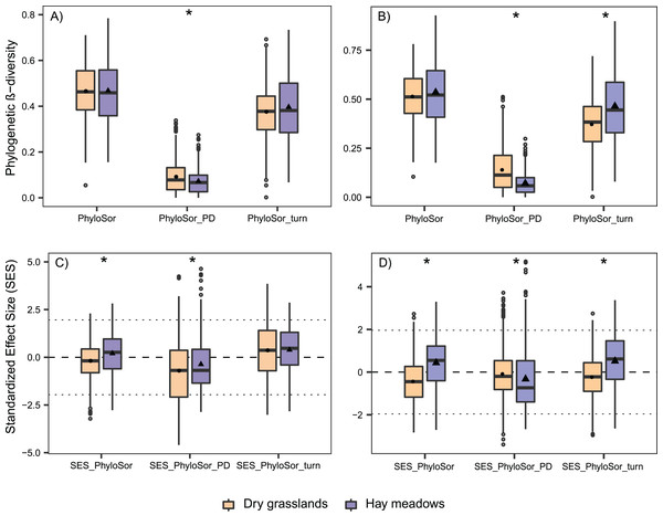 Boxplot graph for the variation in phylogenetic β-diversity according to Habitat and Succession for dry grasslands and hay meadows during the succession, evaluated with and without the species Juniperus communis.