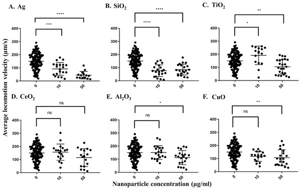 Average locomotion velocity of adult day 1 C. elegans N2 after exposure to various nanoparticles (A, Ag; B, SiO2; C, TiO2; D, CeO2; E, Al2O3; and F, CuO) at 0, 10 and 50 µg/ml.