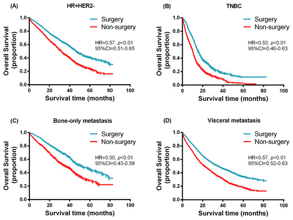 Kaplan–Meier curves of overall survival in the surgery and non-surgery groups stratified by molecular subtypes and status of distant metastasis.
