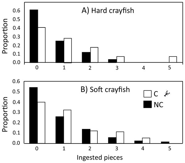 Frequency distributions of number of (A) hard and (B) soft crayfish pieces ingested during the five days of presentation neonates from C and NC populations.