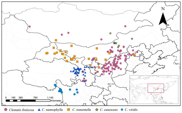 Distribution of Clematis sect. Fruticella in China and Mongolia.