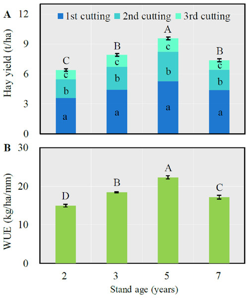 Mean (± SE) annual hay yield (A) and water use efficiency (WUE) (B) in alfalfa fields of different stand ages.