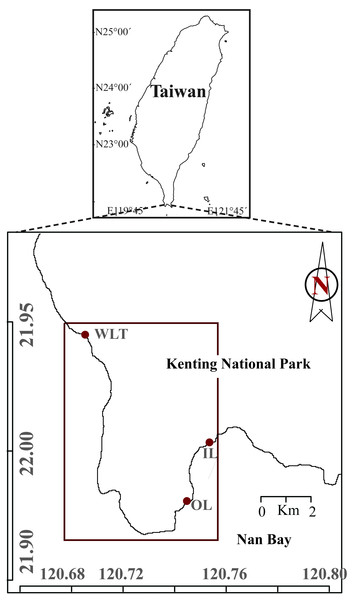 Map showing the reciprocal transplant experiment locations in the Kenting National Park, Taiwan.