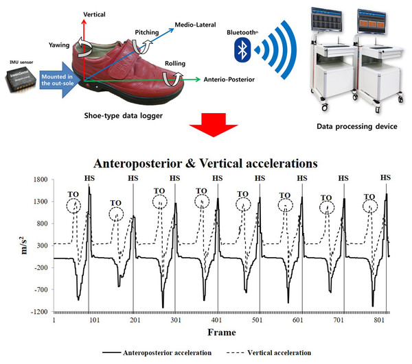 Shoe-type IMU system and detection of gait events (HS represents heel strike, and TO represents toe off) (Lee et al., 2018).