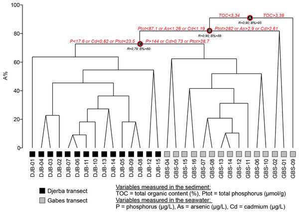 LINKTREE dendrogram showing the separation of GBS and DJB samples according to the major pollutants.