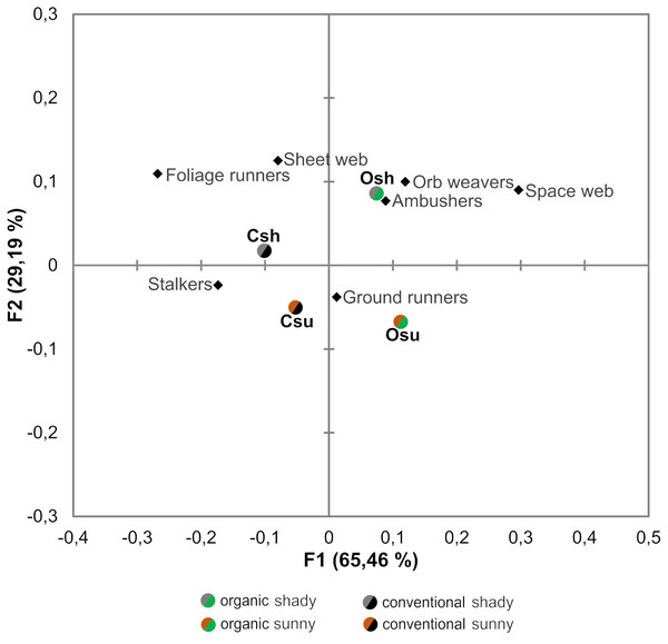 Correspondence analysis performed on the abundance of the different guilds of spiders associated to each orchard type.