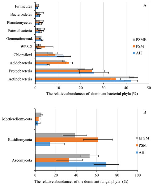 The relative abundances of dominant bacterial (A) and fungal (B) phyla among different samples.