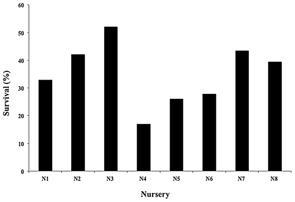 Survival percentage of Acropora cervicornis fragments in eight coral nurseries after Hurricanes Matthew (2016), Irma & Maria (2017).