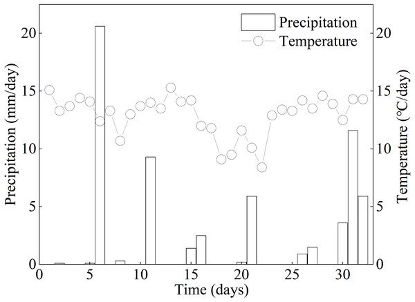 Daily average precipitation and temperature of Zoige peatland during the experimental period in 2017.