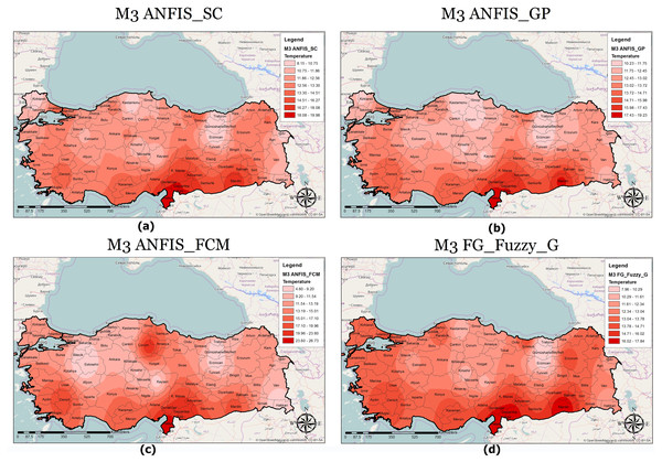 M3 model output maps for (A) ANFIS-SC, (B) ANFIS-GP, (C) ANFIS-FCM and (D) FG.