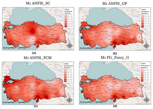 M1 model output maps for (A) ANFIS-SC, (B) ANFIS-GP, (C) ANFIS-FCM and (D) FG.