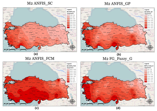 M2 model output maps for (A) ANFIS-SC, (B) ANFIS-GP, (C) ANFIS-FCM and (D) FG.