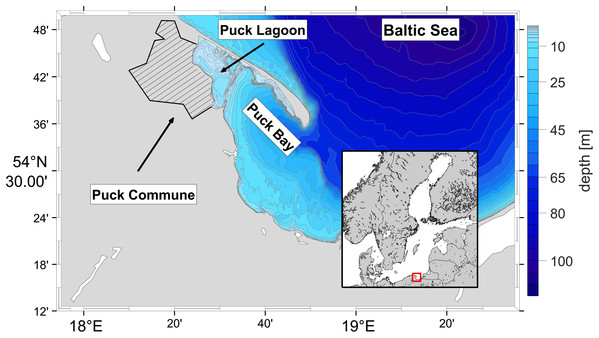 Localization of the Puck Commune and the bathymetry of the Puck Bay as a part of Gdańsk Basin.