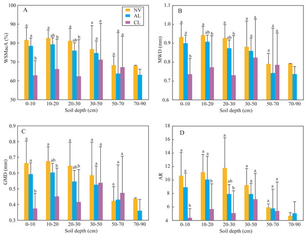 Soil aggregate stability indexes of WAMacA (A), MWD (B), GMD (C) and AR (D) in different depths of soil layer at different stages after agricultural abandonment.