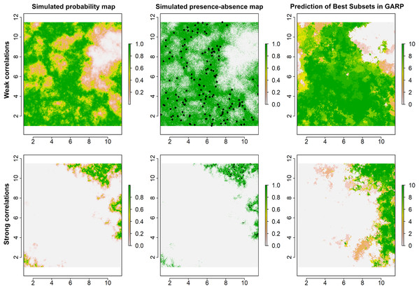 Simulated species distributions, occurrence (presence–absence) maps, and GARP prediction map for the best subset under the two scenarios where the correlation between species occurrence and environment are weak and strong.