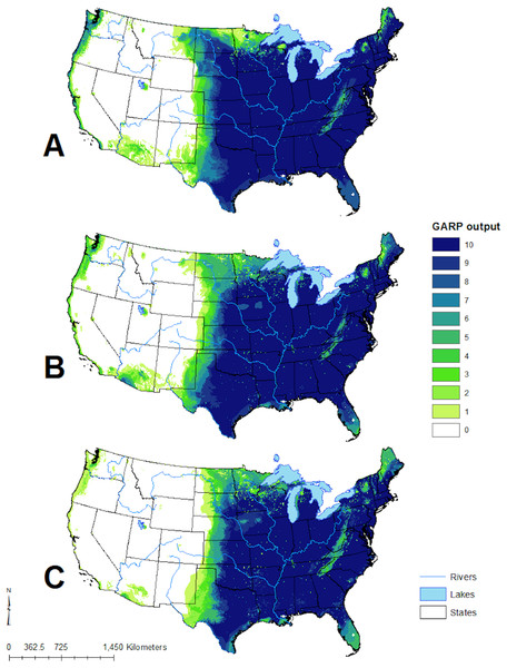 Predicted geographic distribution of Toxostoma rufum, the brown thrasher, in the continental US based on three different niche modeling experiments.