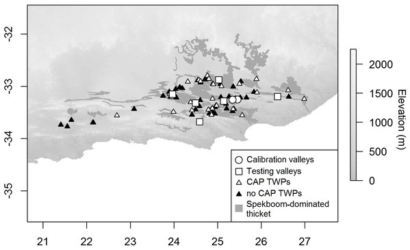 Distribution of CAP model calibration and testing valleys and TWPs in relation to vegetation and elevation.