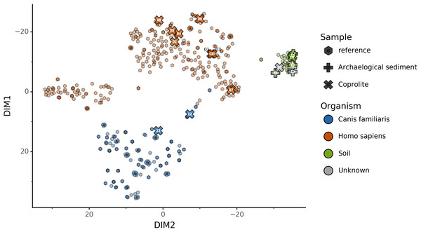 Prediction of archaeological samples sources and t-SNE embedding by Sourcepredict.