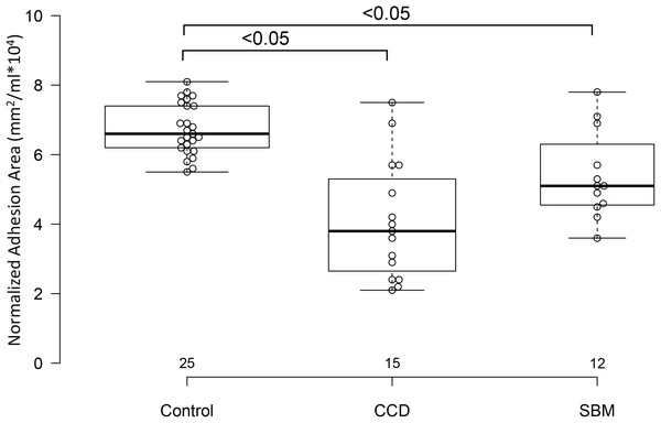 Box and whisker plots of interthalamic adhesion areas normalized to total brain volume for three groups of dogs.