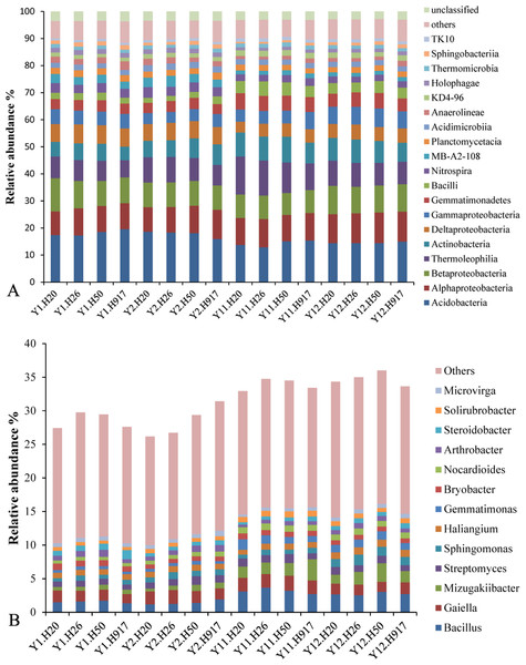 Overall abundance distribution of bacteria at the (A) class and (B) genus levels from soil that was monocropped with peanut.