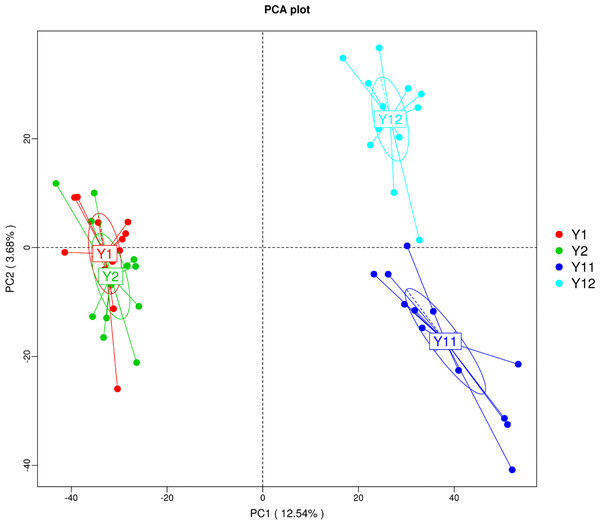 Principal component analysis (PCA) of bacterial distributions in short- and long-term monocropped peanut soils for different peanut varieties.