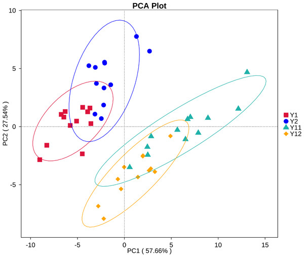 Principal component analysis (PCA) of predicted bacterial functions at KEGG level 2 in short- and long-term monocropped peanut soils for different peanut varieties.