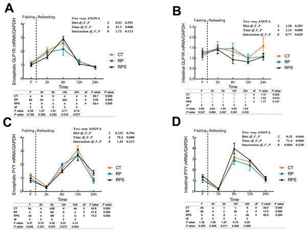 Sequential changes upon fasting and effect of refeeding on GLP1R and PYY mRNA levels in the brain and intestinal tract.