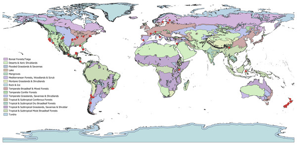 Geographical distribution of studies (N = 56; 3 studies had no geographic information) across biomes that examined the impact of both herbivores and pollinators.