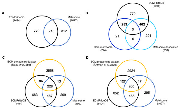 Comparison of the new ECM proteins with Human Matrisome and other experimental datasets.