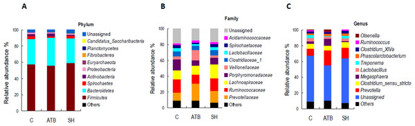 Relative abundance of the top 10 phyla, families, and genera of fecal microbiota in different groups.