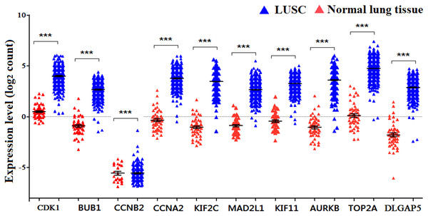 The expression levels of 10 hub genes in the TCGA database.