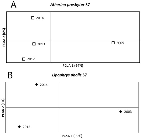 Principal Coordinate Analysis for the S7 of (A) Atherina presbyter and (B) Lipophrys pholis.