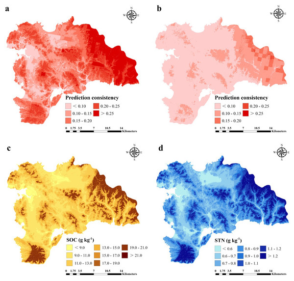 Prediction consistency map of SOC (A) and STN (B) and spatial distribution of SOC (g kg−1) (A) and STN (g kg−1) (B) predicted using an improved similarity-based approach (ISA).