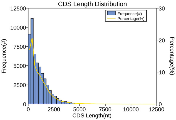 Number, percentage and length distributions of coding sequences of R. ferrugineus transcripts.