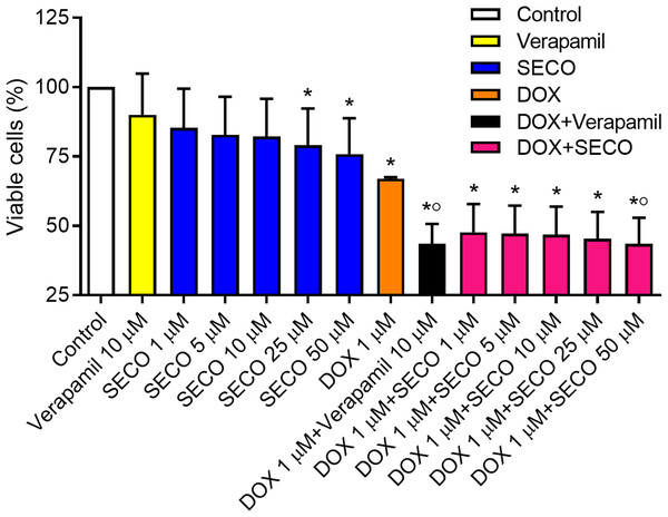 Effect of secoisolariciresinol (SECO) with or without doxorubicin (DOX) on cellular viability.