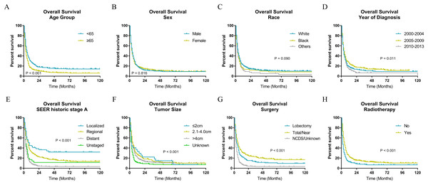 Overall survival of patients with ATC by different variables.